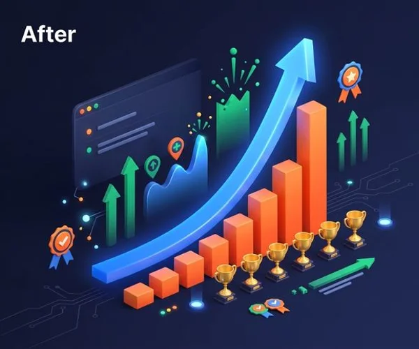 Analytics dashboard showing the after state with hockey stick organic traffic growth from 5000 to 15000 visitors revenue surge to RM307K and improved keyword rankings