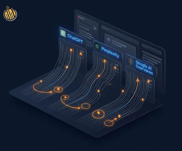 Futuristic AI search visibility dashboard showing brand mentions and citations across ChatGPT, Perplexity, and Google AI Overviews platforms with glowing data visualisation