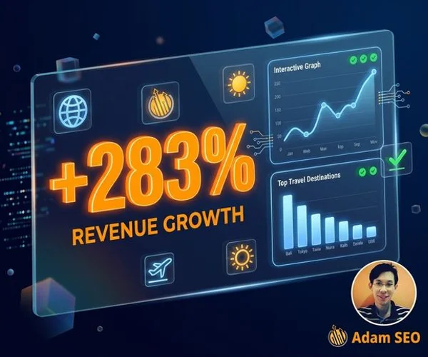 Case study results dashboard for a Malaysian travel business showing 283% revenue growth with bar charts and traffic metrics over 10 months