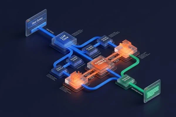Flowchart diagram showing the step-by-step process of how large language models retrieve index and rank information sources to generate authoritative answers
