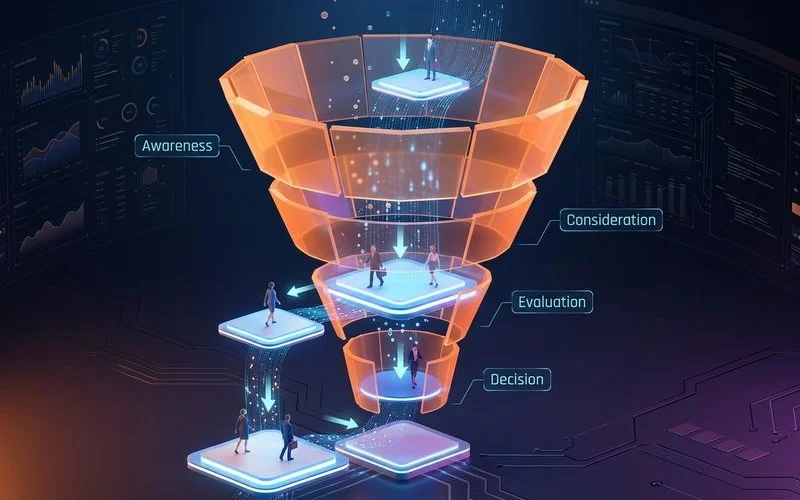 B2B SEO lead generation funnel showing buyer journey mapping from awareness through consideration to decision