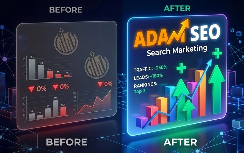 Client success metrics showing before and after comparison of SEO campaign results and revenue impact