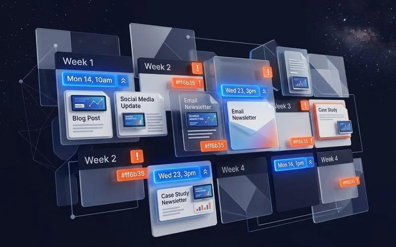 Content calendar and editorial planning interface showing monthly blog publishing schedule and deadlines