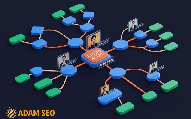 Crisis communication plan showing response protocol decision tree and escalation procedures for reputation events