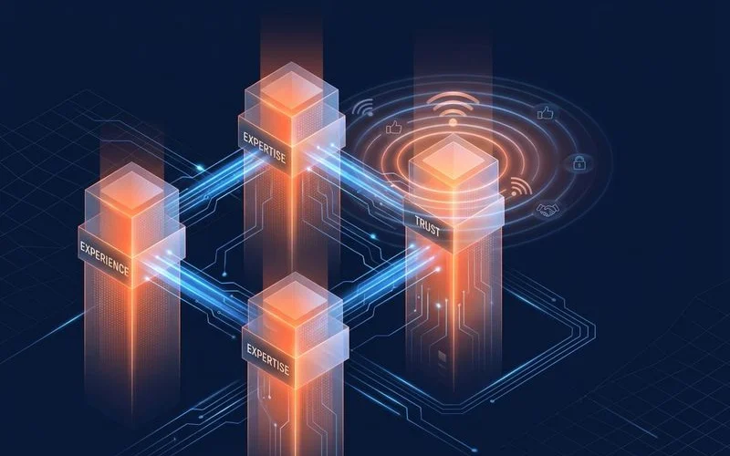E-E-A-T content framework showing expertise authoritativeness and trustworthiness signal optimization