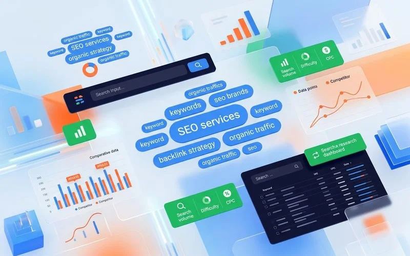 Keyword research tool interface showing competitor analysis for product categories and search volume data