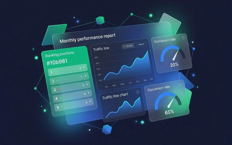 Monthly SEO performance report sample showing keyword rankings organic traffic and conversion tracking metrics