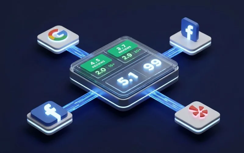 Review management platform showing multi-channel reputation tracking across Google Facebook and industry sites