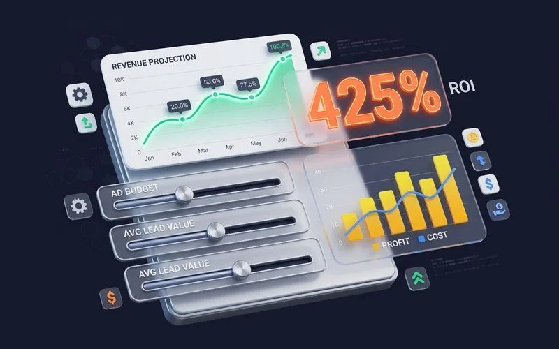 ROI calculator showing SEO investment return projections with revenue growth timeline and break-even analysis