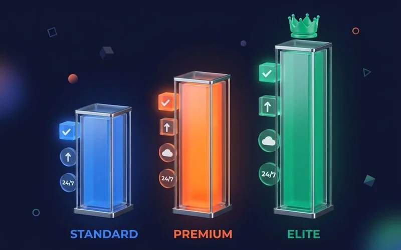 SEO pricing packages comparison showing Standard Premium and Elite tiers with deliverables and monthly pricing