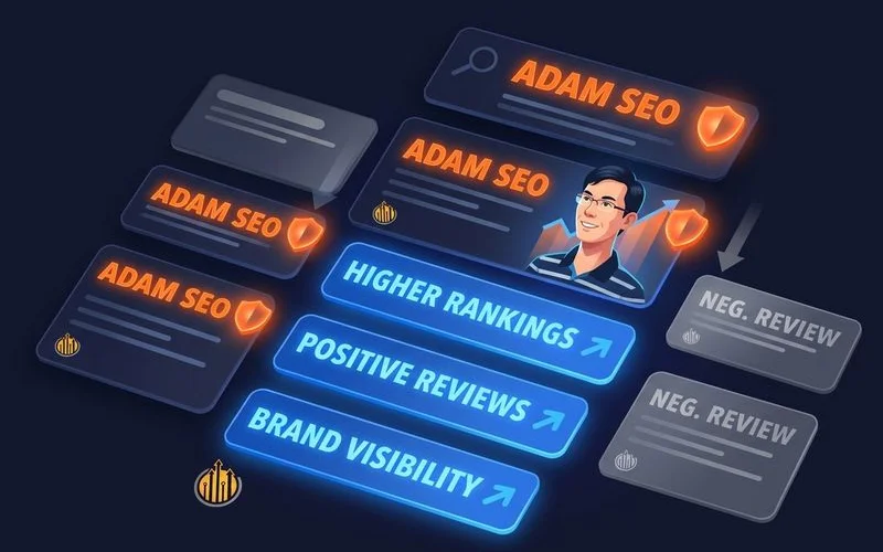 SERP brand management strategy showing search results page optimization and branded content positioning