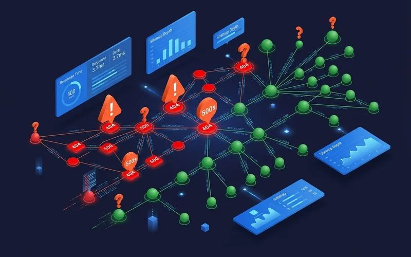 Technical SEO audit dashboard showing comprehensive crawl error analysis and site health report overview