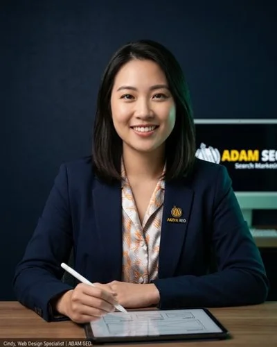 Cindy - Graphic & Web Design Specialist at Adam SEO, professional headshot in modern office setting