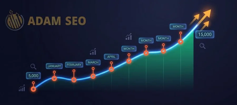 Line graph showing 10-month organic traffic growth from 5000 to 15000 monthly visitors with key milestones marked at months 3 5 7 and 10