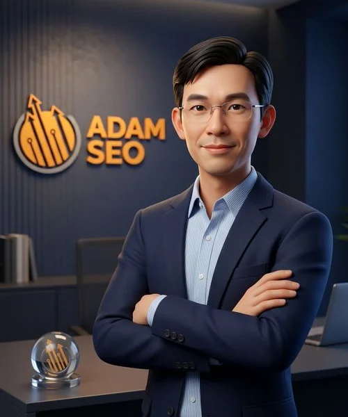 Adam Yong SEO training instructor professional headshot showing an Asian male in his 40s standing confidently in a modern Kuala Lumpur office environment