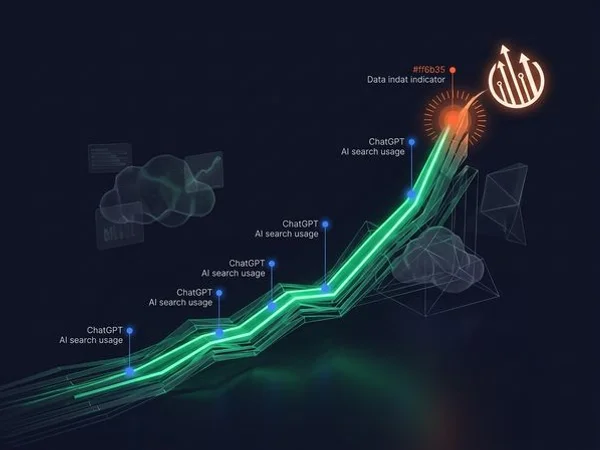 Statistics chart showing the exponential growth of AI search usage including ChatGPT Perplexity and Google AI Overviews over the past two years with upward trend lines
