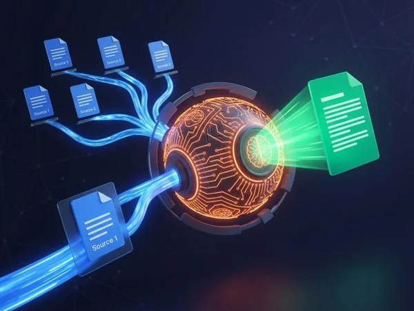 Illustration showing how an AI answer engine processes multiple web sources and generates a single unified response for a user query with data flowing into a central AI brain