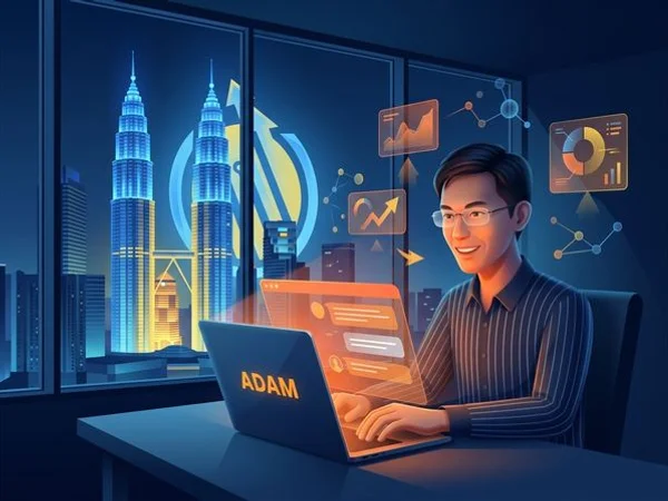 Malaysian business professional using ChatGPT on a laptop in a modern Kuala Lumpur office with the city skyline visible through the window demonstrating AI search adoption