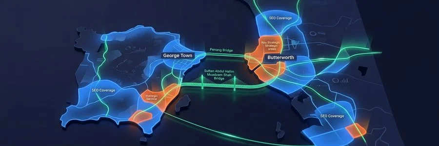 Map showing Adam SEO coverage areas across Penang including George Town, Bayan Lepas, Gurney Drive, Tanjung Tokong, Jelutong and surrounding districts