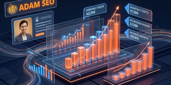 SEO performance dashboard showing organic traffic growth with monthly progression bars trending upward from 5,000 to 15,000+ visitors